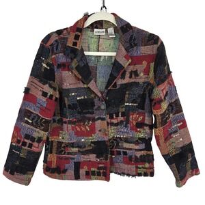 Chicos Jacket Womens 0 Multicolor Patchwork Sequin Boho Blazer Art Tapestry